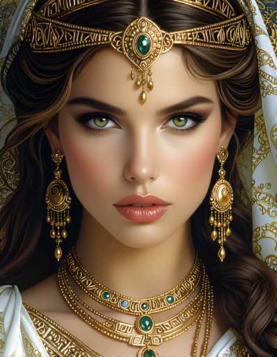 This image portrays a young woman, possibly in her late teens or early twenties, with striking green eyes and long, dark brown hair. She is adorned in elaborate gold jewelry, including a crown-like headpiece with a prominent green gem at the center, from which teardrop-shaped gold ornaments dangle. Her earrings are large and ornate, featuring circular designs with hanging elements. Around her neck, she wears multiple gold necklaces, each embellished with green and blue gemstones. She is dressed in a white gown with gold trim, and a white veil with gold accents drapes over her head. The woman's expression is serious, and she gazes directly at the viewer, exuding an air of regality and elegance.