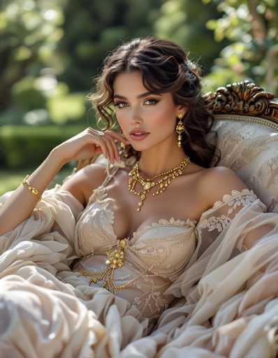A stunning, fair-skinned woman with long, wavy brown hair and striking makeup is seated in an ornate, golden armchair. She's wearing a luxurious, off-white gown with intricate detailing and gold embellishments, including a statement necklace and matching bracelet. Her expression is captivating, with her gaze directed towards the viewer. The background is softly blurred, suggesting a garden setting with lush greenery and sunlight filtering through the foliage. The overall mood is elegant, glamorous, and serene.