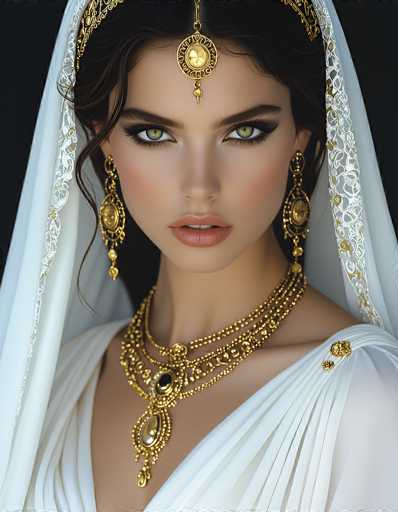 This image features a close-up of a young woman, likely in her early 20s, with striking green eyes and dark brown hair. She is adorned in elaborate gold jewelry, including a headpiece that drapes over her forehead and extends down to her nose, with a circular pendant at the center. Her long, dangling earrings are also gold, complementing the ornate necklaces that encircle her neck, each adorned with large pendants. She wears a white dress with a V-neckline, and the fabric appears to be intricately designed with gold accents. The background is a solid black, which makes her detailed attire and jewelry stand out vividly. Her expression is serious, and she gazes directly into the camera, creating a captivating and somewhat mysterious aura.