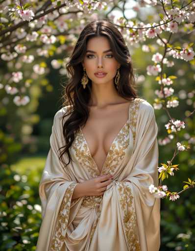 A woman with long brown hair is standing in front of a tree adorned with pink flowers and wearing a white dress with gold accents that drapes over her shoulders.