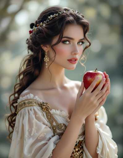 The image depicts a young woman with long, dark brown hair styled in an elegant updo, adorned with a delicate headband featuring white pearls and small flowers. She has striking green eyes, accentuated by long eyelashes and pink lipstick. Her face is further enhanced by a touch of blush on her cheeks. She is wearing a white, lacy dress with intricate gold embroidery and puffy sleeves, reminiscent of a medieval or Renaissance style. The dress has a sheer, ruffled texture and is complemented by a gold band around her upper arm. She is holding a red apple with a brown stem in her hands, which are clasped together in front of her. The background is blurred, with muted tones of green, white, and gray, suggesting an outdoor setting. The woman is gazing directly at the camera, her head slightly tilted, exuding a serene and captivating presence.