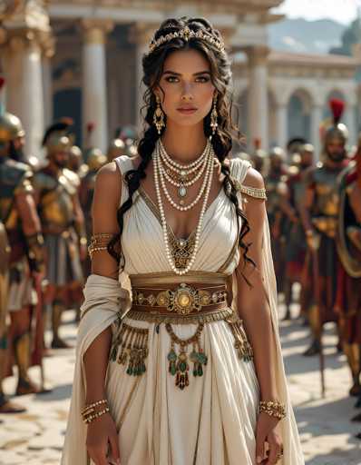 In this captivating image, a woman stands poised in a grand coliseum-like setting, exuding an aura of regality. She is adorned in a stunning white dress, intricately detailed with gold accents. The dress features a prominent gold belt with a central circular emblem, flanked by two smaller circular designs. The skirt of the dress is embellished with an array of green and blue jewels, adding a touch of opulence to her attire.

Her ensemble is complemented by a series of elegant gold and white necklaces, each adorned with pearls. She wears a delicate crown on her head, and her long, wavy brown hair cascades down, framing her face beautifully. Her arms are adorned with gold bracelets, and she wears a gold armband on her right arm, further enhancing her majestic appearance.

Behind her, a group of men dressed in gold armor and helmets with striking red feathers stand at attention, adding to the scene's grandeur. The backdrop features majestic white pillars, completing the regal atmosphere of the image.