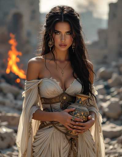 The image depicts a strikingly beautiful woman with long, dark brown hair styled in an intricate updo, with some strands cascading over her left shoulder. She has captivating green eyes and is adorned with large, ornate gold earrings and a matching gold necklace. Her attire is a cream-colored, low-cut dress that reveals her shoulders and chest, accentuated by a brown leather belt with a prominent buckle. She is holding a golden vase with blue designs, which she cradles with both hands. Her nails are painted a delicate pink, and she wears multiple rings on her fingers. The background is blurred, featuring a rocky terrain and a large fire to her left, with sunlight casting a warm glow on her face. The overall scene evokes a sense of ancient times, reminiscent of a movie or video game character.