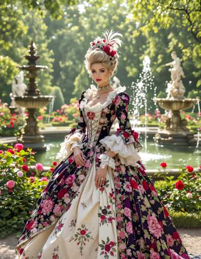 In this captivating photograph, a woman stands gracefully in a lush garden, adorned in an elaborate, old-fashioned dress reminiscent of the Victorian era. Her dress, a stunning piece of craftsmanship, features a voluminous skirt with intricate floral patterns in shades of pink, red, and green, set against a rich navy blue background. The bodice is adorned with lace details and lacing, adding to the dress's vintage charm. Her hair, elegantly styled in a bun, is embellished with flowers and feathers, enhancing her regal appearance.

The garden around her is a vibrant tapestry of greenery and colorful blooms. Pink and red roses, along with other flowers, are scattered throughout the scene, creating a picturesque backdrop. Two ornate fountains, each crowned with statues, stand prominently in the garden, adding to its serene ambiance. The woman, with her fair skin and striking red lipstick, gazes directly at the camera, exuding an air of timeless elegance.