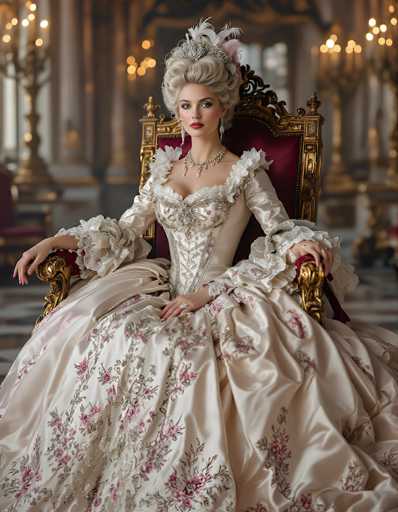 The image depicts a young woman, possibly in her 20s, seated on an ornate throne-like chair. She is dressed in a highly detailed, Victorian-style gown that is predominantly white with intricate pink floral embroidery and green leaves. The dress features a corseted bodice with lace ruffles, a high neckline, and voluminous sleeves that are puffy at the shoulders and taper towards her wrists. Her hair is styled in an elaborate updo adorned with white feathers and a silver tiara, and she wears long, dangling earrings and a diamond necklace. The woman has fair skin, blue eyes, and red lips, and she is looking directly at the camera. The chair she sits on is grand, with a red velvet cushion and gold trim, including a gold backrest. The background is blurred but reveals a luxurious setting with gold candelabras, large windows, and other ornate furniture, suggesting a palace or similar opulent environment.