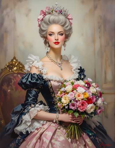 A woman is seated on a chair with her back to the camera, wearing an ornate blue and gold dress that features a large bouquet of flowers held in her hands. The background is a light beige color, providing a neutral backdrop for the woman's attire.