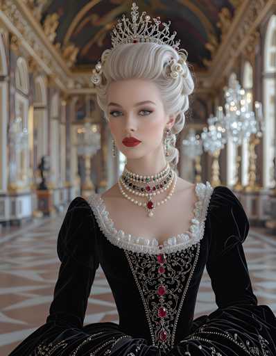 A woman is seated on a throne-like chair in a grand room with gold and red accents. She wears a black dress adorned with gold embroidery and a large pearl necklace. The room features ornate chandeliers hanging from the ceiling and walls, creating an opulent atmosphere.