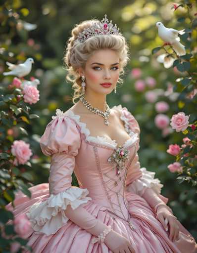 In this captivating image, a young woman with fair skin and blonde hair styled in an elegant updo adorned with a silver tiara featuring pink jewels sits gracefully. Her striking blue eyes and pink lips add to her ethereal beauty. She wears a long, flowing pink ball gown with intricate white lace details, including a bustier corset and puffy sleeves. A matching pink necklace and dangling earrings complete her regal ensemble. The woman is seated amidst a lush garden, surrounded by vibrant pink roses and green leaves. Three white doves perch delicately on the branches around her, adding a touch of serenity to the scene. The background is softly blurred, drawing focus to her serene expression and the enchanting setting.