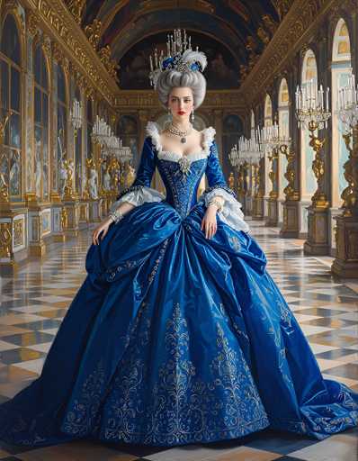 This image depicts a highly detailed and realistic painting of a woman standing in the center of an opulent, long hallway. The woman, who appears to be of high social status, is adorned in a grand, blue ball gown with intricate gold embroidery. The dress features a corseted bodice, a low neckline, and voluminous, flowing sleeves that reach her wrists. Her gray hair is styled in an elaborate updo, and she wears a matching blue and white feathered headdress. She accessorizes with a large, ornate necklace, dangling earrings, and bracelets on both wrists.

The hallway itself is richly decorated, with gold accents and numerous statues lining the walls. The floor is a striking black and white checkered pattern, and the walls are adorned with large windows framed in gold, as well as numerous paintings. The ceiling is painted blue and features a grand chandelier hanging above the woman's head. The overall scene exudes an air of elegance and grandeur, reminiscent of a museum or a historical mansion.