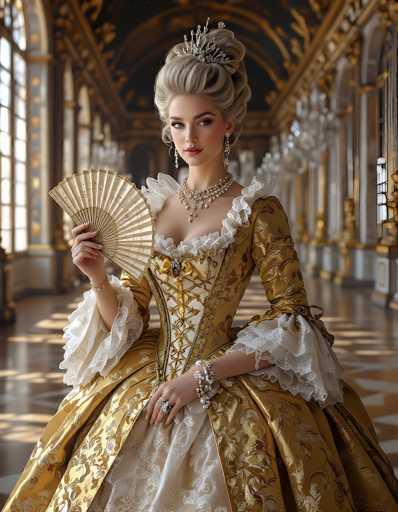 The image depicts a young woman, possibly in her late teens or early twenties, dressed in an elaborate, old-fashioned Victorian-style gown. The dress is a luxurious gold color adorned with intricate white lace detailing around the neckline, shoulders, and sleeves. The gown features a corset-like bodice with lacing up the front and a voluminous skirt that flares out dramatically, reminiscent of historical royal attire. She accessorizes with a silver tiara on her head, long dangling earrings, and multiple pieces of jewelry, including a thick pearl necklace, bracelets, and rings on both hands. In her right hand, she holds a gold fan, adding to her regal appearance. The background suggests she is standing in a grand, ornate hallway with white walls and gold trim, possibly within a museum or a historical building. The overall scene evokes a sense of elegance and historical grandeur, with the woman's attire and setting exuding a royal or aristocratic aura.