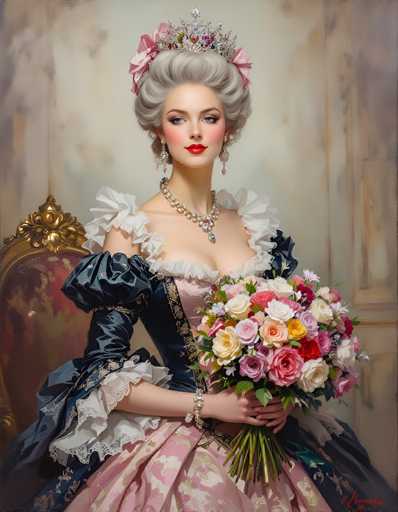 This image is a detailed, computer-generated portrait of a woman resembling a young Queen Victoria, seated in an ornate, gold-trimmed chair. She is dressed in a Victorian-style gown that features a dark blue bodice with white frills and a pink floral skirt. Her gray hair is styled in an elaborate updo, adorned with pink flowers and a silver crown. She wears large, dangling earrings, a pearl necklace with a central pendant, and a bracelet on her right wrist. Her makeup includes bright red lipstick, and she holds a large bouquet of pink, yellow, and red roses in her hands. The background is a blurred, grayish-white wall, adding to the focus on the woman. The image is signed in red at the bottom right corner, though the signature is not legible.