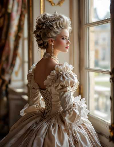 The image depicts a young woman, possibly in her late teens or early twenties, dressed in an elaborate Victorian-style gown. The gown is a cream color with intricate details, including a corset-like bodice and a voluminous skirt adorned with lace and ruffles. Her hair is styled in an ornate updo, secured with a silver tiara embellished with jewels. She wears long, dangling earrings and a multi-layered pearl necklace. The woman is positioned in front of a large, multi-paned window, gazing out into the distance. The room around her is softly lit, with a blurred background that includes a white wall, a multicolored curtain, and a table. The overall scene evokes a sense of historical elegance and contemplative serenity.