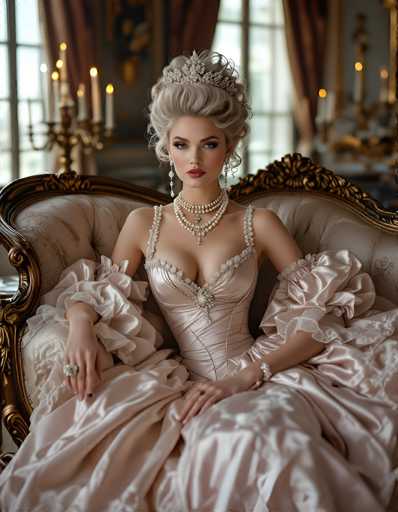 The image depicts a young woman, possibly in her late teens or early twenties, seated in an ornate, Victorian-style chair. She is dressed in a luxurious, light pink gown adorned with intricate white lace and beading, featuring a sweetheart neckline and puffy sleeves that extend to her elbows. Her hair is styled in an elaborate updo, reminiscent of a period piece, and she wears a silver tiara. She accessorizes with long, dangling earrings, multiple strands of pearl necklaces, a large ring on her right hand, and a bracelet on her left wrist. The background is blurred but reveals a grand setting with large windows, brown curtains, and candelabras, suggesting a formal or opulent room. The overall scene evokes a sense of historical elegance, possibly from the 1800s.