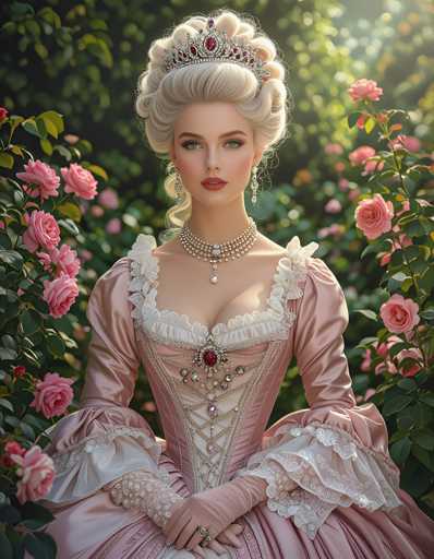 A woman is seated on a bench surrounded by pink roses and lush green foliage. She wears a pink dress with white lace sleeves and a gold necklace with a large pendant. The background features more pink roses and greenery, creating a serene garden-like setting.