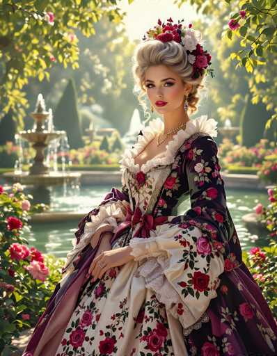 The image depicts a young woman, possibly in her late teens or early twenties, dressed in an elaborate Victorian-style gown adorned with intricate floral patterns. The gown features a deep V-neckline with ruffles extending down to her chest, and a large red bow at the waist. Her arms are covered in long sleeves with ruffled cuffs, and the dress itself is a mix of white and purple hues, embellished with red and pink roses, green leaves, and gold accents. She wears a gold necklace and blue earrings, and her blonde hair is styled in an updo with flowers woven into it. Her makeup is striking, with red lipstick and dark eyeliner. The background showcases a serene garden with a large pond, fountains, and lush greenery, all slightly blurred to emphasize the woman as the focal point. The scene is bathed in sunlight, adding a warm glow to the entire image.