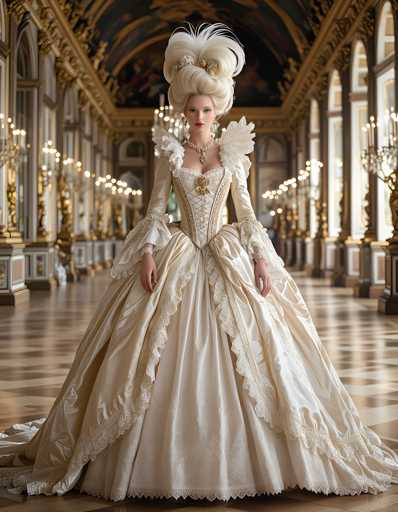 A woman is standing in an ornate room with a high ceiling and large windows that allow natural light to illuminate the space. She is wearing a white dress with a train and a feather headpiece, which adds to her regal appearance. The background features gold accents and intricate designs on the walls, contributing to the opulent atmosphere of the scene.