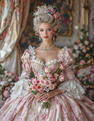 The image depicts a young woman, possibly in her late teens or early twenties, dressed in an elaborate Victorian-style pink gown adorned with white lace and floral patterns. Her hair is styled in a voluminous, grayish-white updo, reminiscent of George Washington's era, and is decorated with pink roses and a silver tiara. She wears long, dangling earrings and a matching diamond necklace. The woman is holding a bouquet of pink roses, with some green stems visible, and has two rings on her right hand. The background is blurred, featuring a white wall with a gold-framed painting, a white curtain with pink flowers, and a bouquet of flowers on a table. The overall scene exudes a sense of elegance and historical charm.
