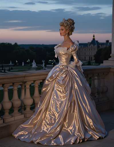 A stunning portrait of a woman in a magnificent golden ballgown, standing on a balcony overlooking a beautiful garden at dusk. The gown is made of shimmering fabric with intricate ruffles and a dramatic train, highlighting her elegant posture. She wears a delicate tiara and pearl necklace, with her hair styled in an elaborate updo adorned with flowers. The background features a grand palace and the soft, warm colors of the sunset sky, creating a romantic and ethereal atmosphere. The lighting is soft and diffused, emphasizing the luxurious details of the gown and the overall elegance of the scene.