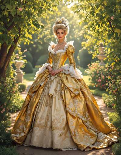 A woman is standing in front of a garden with trees and bushes behind her. She is wearing an ornate gold dress that has a train on it, and she is holding a parasol. The background features pink flowers and green foliage.
