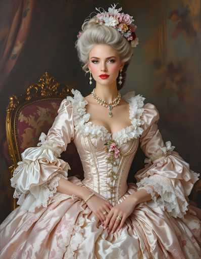 This image portrays a highly detailed, realistic painting of a woman seated in an ornate chair. The woman, who appears to be in her 20s or 30s, has fair skin and striking gray hair styled in an elaborate updo adorned with a large, colorful bouquet of flowers. Her makeup is meticulously applied, featuring bold red lipstick and blush that accentuates her high cheekbones. She wears long, dangling earrings and a multi-strand pearl necklace with a prominent pendant. Her attire is a luxurious, light pink satin gown with intricate white lace detailing around the neckline, shoulders, and sleeves. The dress features a bustier with a pink flower and a gold chain. She sits with her hands clasped in her lap, adorned with several rings. The chair she occupies is grand, with a gold frame and a red velvet cushion embellished with floral patterns. The background is a muted gray, providing a subtle contrast to the vivid colors of her attire and the chair.