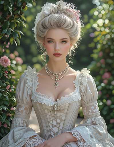 A woman with blonde hair wearing a white dress and pearl necklace is the main subject of this image. She has her hands clasped together on her lap and is looking directly at the camera. The background features lush green trees and pink flowers, creating a serene and picturesque setting for the photograph.