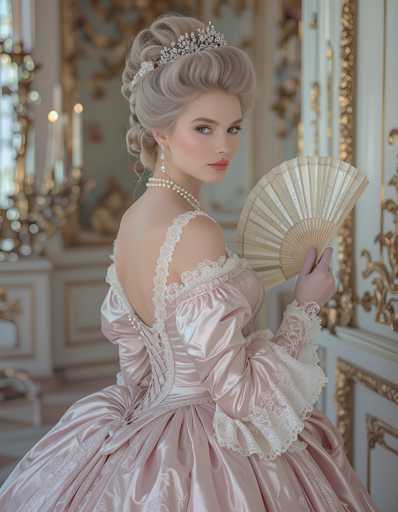 A woman is standing in front of a mirror wearing an elegant pink dress with lace sleeves and a tiara on her head. She holds a fan in her right hand. The room has white walls and gold accents, creating a luxurious atmosphere.