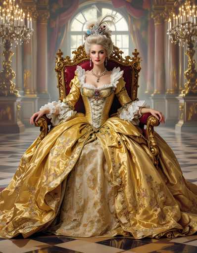 A woman is seated on a throne-like chair in a grand room with gold and red accents. She is wearing an ornate gold dress with a white bodice and sleeves, accented by a large headpiece featuring feathers. The background features a large window draped with curtains that allow natural light to illuminate the space.