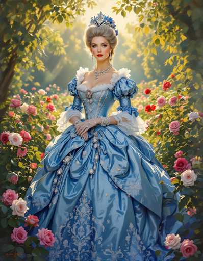 The image depicts a young woman, possibly in her late teens or early twenties, dressed in an elaborate, Victorian-style blue gown adorned with intricate white lace and floral patterns. Her hair is elegantly styled in a bun, and she wears a matching blue crown or tiara. The woman is accessorized with long, dangling earrings, a diamond necklace, and bracelets on both wrists. She stands in a lush garden filled with vibrant pink and white roses, surrounded by green foliage. The background features a soft, blurred forest, adding to the dreamy and ethereal quality of the scene. The overall composition suggests a painting or a highly detailed digital artwork, capturing a moment of serene beauty and grace.