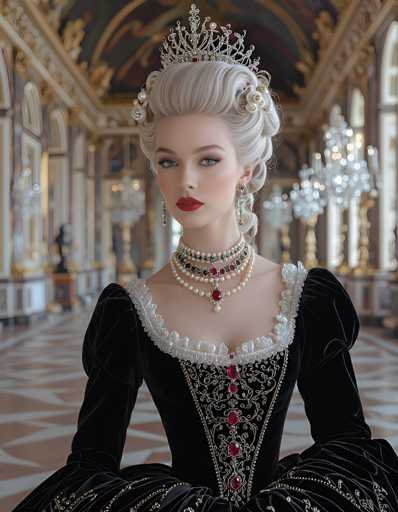 The image depicts a highly detailed, AI-generated portrayal of a woman dressed in Victorian-era attire, standing in the center of an opulent ballroom. She is adorned in a black dress with intricate white lace and red gemstones, featuring a deep neckline and voluminous sleeves. Her hair is styled in an elaborate updo, reminiscent of a Victorian or Marie Antoinette era, and she wears a large, ornate tiara studded with red jewels. The woman's makeup is striking, with bright red lipstick and blue eyes, and she accessorizes with long, dangling earrings and multiple strands of pearls around her neck. The ballroom itself is grand, with a high ceiling, numerous chandeliers, and gold accents on the walls and ceiling. The floor is patterned with white and red tiles, and the room is filled with light streaming through windows on the right side, enhancing the luxurious atmosphere.