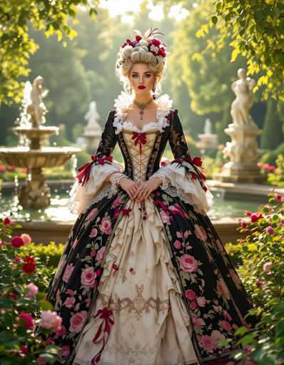The image depicts a young woman, possibly in her 20s, dressed in an elaborate Victorian-style gown. The gown is predominantly black with intricate floral patterns, featuring a cream-colored center adorned with lace and bows. Her hair is styled in an ornate updo, reminiscent of Marie Antoinette, and is decorated with flowers and feathers. She wears a choker necklace with a pendant and large, dangling earrings. The woman stands in a lush garden, surrounded by greenery and vibrant flowers, with a large fountain and statues in the background. The scene is bathed in sunlight, highlighting the detailed textures of her dress and the surrounding foliage.