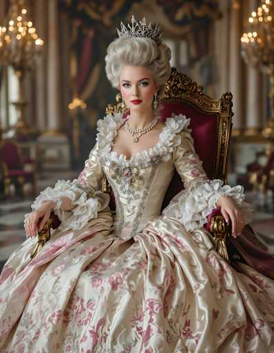 The image depicts a regal woman seated on an ornate throne, exuding an air of elegance and authority. She is adorned in a luxurious, cream-colored gown embellished with intricate pink floral patterns and delicate lace details. The dress features a low-cut neckline, a fitted bodice, and voluminous sleeves that extend to her wrists, where the fabric becomes even more elaborate with frills and ruffles. Her ensemble is complemented by a sparkling diamond tiara, a matching diamond necklace, dangling diamond earrings, and a bracelet on her right wrist. Her gray hair is styled in an elaborate updo, and she wears striking red lipstick that accentuates her poised expression. The throne she sits upon is grand, with a gold frame and plush red velvet upholstery, adding to the opulent atmosphere. The background, though blurred, reveals a grand palace setting with white walls, gold accents, and chandeliers, enhancing the overall sense of majesty and grandeur.