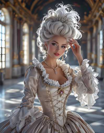 The image depicts a highly detailed, computer-generated or AI-generated portrait of a young woman, possibly in her late teens or early twenties, dressed in an elaborate Victorian-style gown. The gown is a light beige or cream color, adorned with intricate lace frills around the neckline and sleeves, which are puffy and extend to her wrists. The dress features a corset-like bodice with lacing and a low neckline, revealing some cleavage. A prominent red jewel embellishes the center of the bodice, and she wears a matching necklace with a similar jewel.

Her hair is styled in an ornate updo, reminiscent of Marie Antoinette, with a high bun and elaborate curls. She has striking blue eyes, accentuated by heavy eye makeup, and wears pink blush on her cheeks. Her lips are painted a vivid red, and she sports dangling earrings. The woman is posed with her left hand touching her hair, while her right hand rests on her hip. She gazes off to the right, her expression serene and composed.

The background is a blurred, grand interior space, possibly a ballroom or castle hall, with tall arched windows and a marble floor. The walls are adorned with gold accents, adding to the opulent atmosphere. The overall image has a slightly surreal quality, with the woman appearing almost too perfect, suggesting it might be an AI-generated creation.