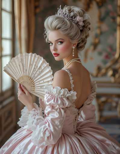 The image depicts a young woman, possibly in her late teens or early twenties, dressed in an elaborate Victorian-style pink gown. The gown features a low-cut back, ruffled sleeves, and a voluminous skirt. She has fair skin, blue eyes, and pink lips, with her hair styled in an updo adorned with a tiara and flowers. She is holding a white fan with a floral design in her right hand, which is raised to her side. The woman is standing in a room with a window on the left side, adorned with a brown curtain, and a wall on the right side decorated with a floral pattern. The background is slightly blurred, emphasizing the woman as the focal point of the image.