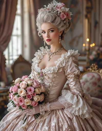 This image portrays a young woman, possibly in her 20s, dressed in an elaborate Victorian-style gown. The gown is a light pink color with intricate white lace detailing, including ruffles around the shoulders and chest. She wears long gloves that extend to her elbows, adorned with white lace bracelets. Her hair is styled in an updo with a grayish-white hue, and it is decorated with pink and white flowers, along with a silver headpiece. She has blue eyes, red lipstick, and is wearing dangling earrings and a large, ornate necklace with pearls and diamonds. In her hands, she holds a bouquet of pink and white roses. The background is blurred, but it suggests a grand, ornate room with gold-framed furniture, possibly a bedroom or parlor, with a window and curtains visible. The overall scene evokes a sense of historical elegance and sophistication.