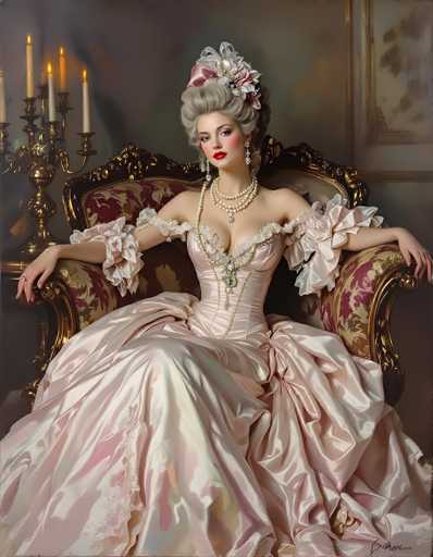 This image portrays a young woman, likely in her 20s, seated in an ornate chair with a gold frame and red velvet upholstery adorned with gold floral patterns. She is dressed in a luxurious, light pink satin gown with a deep V-neckline, ruffles around the sleeves, and a voluminous skirt. Her gray hair is styled in an elaborate updo, adorned with pink flowers and a pink bow. She wears a double strand of pearls around her neck, along with dangling earrings and a brooch. Her makeup features bright red lipstick, and she has a slight smile on her face. The setting appears to be a formal room, with a gold candelabra holding four lit candles to her left and a framed picture hanging on the wall to her right. The overall scene exudes elegance and sophistication.