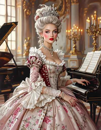 A woman dressed in an elaborate pink and white dress with a gold crown sits at a grand piano, playing the keys with grace and elegance. The room is filled with ornate decorations, including chandeliers hanging from the ceiling and intricate paintings on the walls.