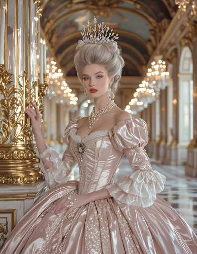 A stunning digital painting of a woman in an elaborate, pale pink and cream gown, reminiscent of a 18th-century French court dress. She is positioned in an ornate, gilded hall with crystal chandeliers and marble columns, her pose elegant and poised. Her blonde hair is styled in a voluminous updo adorned with a delicate tiara, and she wears a pearl necklace and ornate rings. Her expression is serene and her makeup is subtle yet glamorous, with a focus on red lips. The lighting is soft and diffused, highlighting the luxurious fabrics and intricate details of her attire. The overall mood is one of opulence, grace, and timeless beauty.