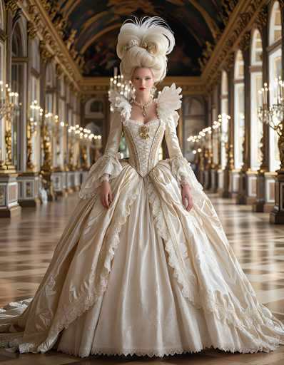 A stunning photograph captures a woman in an elaborate, historical costume reminiscent of the 18th or 19th century. She stands gracefully in a long, opulent gown adorned with intricate lace and gold accents. The dress features a voluminous skirt that flares out dramatically, complemented by a corset-like bodice with lacing and ruffled sleeves. Her hair is styled in an elaborate updo, adorned with feathers, adding to the grandeur of her appearance. She wears a necklace with a cross pendant and dangling earrings, enhancing her regal look. The woman's pale complexion and striking blue eyes are accentuated by her red lipstick. She stands in a long, ornate hallway of a grand palace, with gold-trimmed walls, arched windows, and chandeliers hanging from the ceiling. The floor beneath her is a checkered pattern of brown and beige tiles, adding to the luxurious ambiance of the scene.