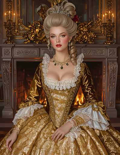 The image depicts a highly detailed, computer-generated portrait of a young woman, likely in her 20s, dressed in an elaborate 18th-century style. She is seated in front of a grand fireplace with a burning fire, which is framed by ornate gold and gray marble. The fireplace is adorned with intricate gold carvings and flanked by two candelabras, each holding three lit candles.

The woman has fair skin, rosy cheeks, and striking red lips. Her eyes are accentuated with red eyeshadow, and she wears a silver tiara studded with diamonds on her head. Her hair is styled in an elaborate updo, with a long, curly ponytail cascading down her left shoulder. She is adorned with dangling earrings and a necklace featuring green gemstones.

Her dress is a luxurious gold gown with intricate white lace detailing around the neckline, sleeves, and waist. The dress is form-fitting at the bodice, with a corset-like structure, and flares out into a voluminous skirt. The sleeves are puffy and decorated with white lace ruffles. She sits with her hands resting on her lap, exuding an air of elegance and regality.