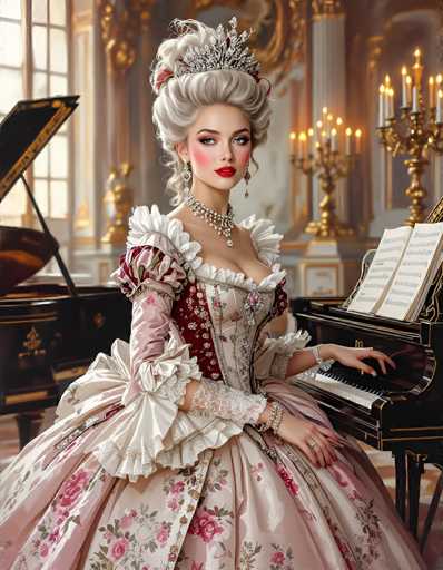 The image depicts a young woman, possibly in her late teens or early twenties, seated at a black grand piano in an opulent room. She is dressed in a Victorian-style gown that is predominantly pink with intricate floral patterns, featuring a corset-like bodice and a voluminous skirt adorned with pink roses and green leaves. Her hair is styled in an elaborate updo, and she wears a silver tiara studded with diamonds. Her makeup is striking, with bright red lipstick, rosy cheeks, and dark eyeshadow. She accessorizes with a diamond necklace, bracelets, and rings. The woman is positioned with her left hand on the piano keys while her right hand rests on her lap. The background reveals a luxurious setting with gold accents, candelabras, and another grand piano, suggesting a palace or a wealthy individual's home. The overall scene exudes a sense of grandeur and elegance, reminiscent of a bygone era.