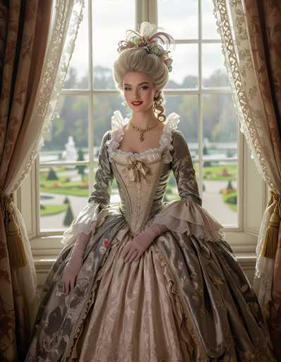 The image depicts a young woman, likely in her late teens or early twenties, dressed in an elaborate Victorian-style gown. The gown is a light beige color with intricate floral patterns and features a corset-like bodice adorned with a bow at the center. The dress has long, puffy sleeves that extend to her hands, which are covered in matching beige gloves. Her hair is styled in an ornate updo, reminiscent of a period piece, and is decorated with feathers and flowers. She wears a pearl necklace with a pendant and red lipstick, enhancing her elegant appearance.

The woman is seated in front of a large, multi-paned window with white wooden frames, through which a lush garden is visible. The garden features a fountain, a pond, and various trees, all under a gray sky. The window is flanked by beige curtains with floral designs, tied back with gold tassels. The overall scene evokes a sense of historical grandeur, possibly suggesting a setting like Versailles.