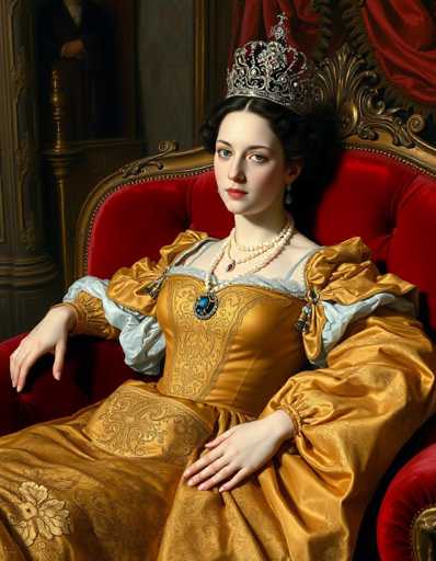 This image depicts a regal woman, likely a queen, seated in an opulent throne. The throne features a red velvet cushion and is adorned with intricate gold designs, including a gold backrest and armrests. The woman is dressed in a luxurious gold gown with puffy sleeves that are trimmed in white. Her gown is embellished with a large blue gemstone at the center of her chest, surrounded by a string of pearls and another necklace with a prominent blue stone. She wears a silver crown studded with jewels, and her dark hair is styled in an elegant updo. Her blue eyes and red lips add to her striking appearance. The background includes a red curtain and a gold pillar, enhancing the overall grandeur of the scene. The woman's posture is relaxed, with her left hand resting on her lap and her right hand on the armrest, exuding an air of serene confidence.