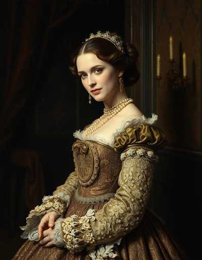 This image depicts a young woman, likely in her late teens or early twenties, dressed in an elaborate, old-fashioned gown reminiscent of the 1800s. The dress is a rich brown color adorned with intricate white lace and gold accents, featuring puffy sleeves that taper into lace at the wrists. She wears a double strand of white pearls around her neck and long, dangling earrings. Her dark brown hair is styled in an updo with a middle part, and she wears a delicate tiara or crown. The woman has fair skin, blue eyes, and pink lips, and she gazes directly at the camera with a neutral expression. Her hands are clasped together in her lap. The background is dark, with a brown wall and a three-candle sconce visible on the right side. The overall composition and her attire suggest a formal portrait, possibly of a royal or aristocratic figure.