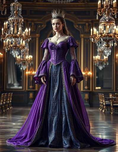 A woman stands in a grand room with chandeliers and ornate decorations. She is wearing a long purple dress with a high collar and sleeves, and a crown on her head. The room has a marble floor that reflects the light from the chandeliers above, creating an opulent atmosphere.