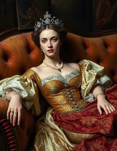 A woman is seated on an orange couch with a gold and red patterned blanket draped over her lap. She wears a gold dress with a red skirt and a tiara made of blue jewels. The background features a painting depicting a woman in a similar outfit.
