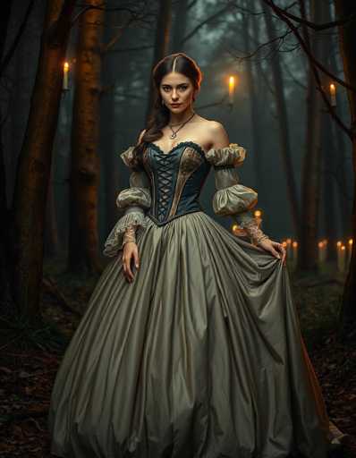 In this captivating image, a woman stands gracefully in the midst of a dense forest, her presence commanding attention. She is adorned in a stunning, old-fashioned ball gown that exudes elegance and timeless beauty. The dress features a voluminous, flowing skirt in a light gray hue, complemented by a corset-style bodice in a rich blue color. The bodice is intricately laced up the front, adding a touch of vintage charm. 

Her sleeves are a study in contrast, with the upper portion being sleeveless and the lower part adorned with voluminous, puffy sleeves that are light gray, matching the skirt. The woman's long, dark brown hair cascades over her right shoulder, adding to her ethereal appearance. She wears a delicate necklace that rests just above her chest, adorned with a small, round pendant that catches the light.

The forest around her is dark and mysterious, with tall trees stretching upwards, their branches bare and creating a canopy that filters the light. The ground beneath her is covered in a carpet of fallen leaves, adding to the autumnal atmosphere. Scattered throughout the forest are numerous lit candles, their warm glow piercing through the darkness and casting a magical light on the scene. The woman stands serenely, her gaze fixed straight ahead, embodying a sense of timeless beauty and quiet strength amidst the enchanting woodland setting.