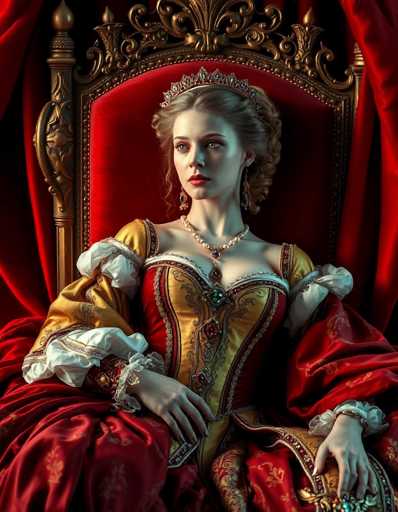 The image depicts a regal woman seated on an ornate throne, exuding an air of authority and elegance. She is adorned in a luxurious dress that features a striking combination of red and gold hues. The dress is intricately designed with a corset-like bodice, embellished with jewels and lace, and it flares out into a voluminous skirt. The sleeves are puffy and white, adding to the grandeur of her attire.

Her hair is styled in an elaborate updo, and she wears a tiara or crown that enhances her royal appearance. Around her neck, she sports a pearl necklace, further accentuating her noble status. The throne she sits upon is equally majestic, crafted from gold with a red velvet seat, and it is flanked by curtains that frame the scene.

The woman's expression is one of contemplation, as she gazes off to the side, her lips painted a vivid red. Her overall appearance and the opulent setting suggest that she is a queen or princess, embodying grace and power.