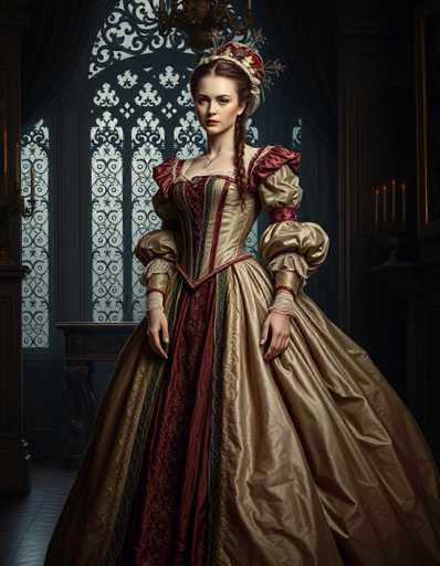 The image depicts a young woman, possibly in her late teens or early twenties, dressed in an elaborate, old-fashioned gown reminiscent of a ball gown from the 1700s or 1800s. The dress is primarily gold with intricate red and green stripes, and features puffy sleeves that are gold with red accents. Her hair is styled in a braid that drapes over her left shoulder, and she wears a white headpiece adorned with red and gold details. The woman stands in a dimly lit room, possibly a church or a castle, with a large, ornate window behind her. The window has a black metal frame with intricate designs and is flanked by dark curtains. To her right, there is a candelabra with three lit candles, and to her left, a table. The overall ambiance is dark, with the primary light source being the candles, casting a soft glow on the woman and her dress.