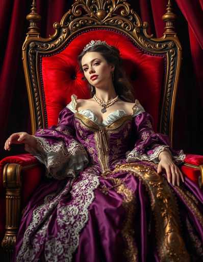 The image depicts a young woman, possibly in her late teens or early twenties, seated on an ornate throne. She is dressed in a luxurious purple gown adorned with intricate gold and white lace patterns, featuring a white bustier-like corset. Her gown has long sleeves that are puffy at the shoulders and taper towards her wrists. She wears a silver tiara on her head, and her dark brown hair is styled in an elegant updo. Around her neck, she has a double strand of pearls with a square pendant. Her makeup is striking, with red lipstick and dark eyeshadow, and she wears dangling earrings. The throne she sits on is grand, with a red velvet cushion and gold trim, and it has two spires at the top. The background is a rich red curtain, adding to the regal atmosphere of the scene.