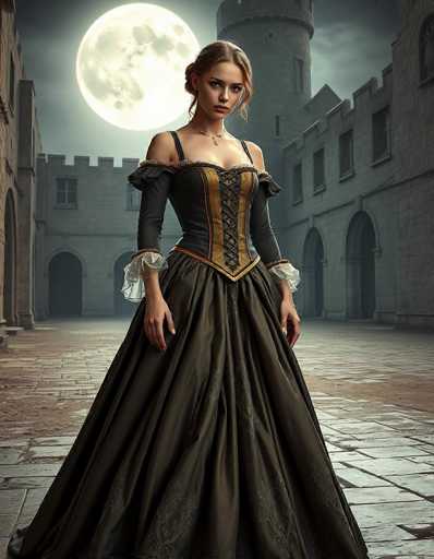 In this detailed digital artwork, a young woman stands in the courtyard of a medieval castle, bathed in the ethereal light of a full moon. The scene is set at night, with the moon casting a soft glow over the stone buildings and the cobblestone ground. The woman, who appears to be in her early 20s, has long brown hair styled in a bun with a few loose strands framing her face. She is dressed in a Victorian-style gown that is black with intricate gold and red trim, featuring a corset-like bodice and a long skirt that flares out at the bottom. The dress has off-the-shoulder sleeves with black lace and white frills at the cuffs. She accessorizes with a delicate necklace adorned with a cross. Her expression is serious, and she gazes directly at the viewer. The background reveals the castle's stone walls, a round tower, and several arched doorways and windows, adding to the historical ambiance of the scene.